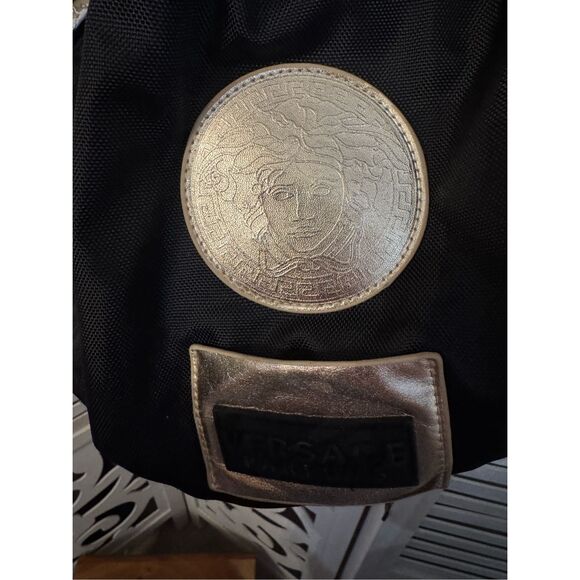 VERSACE PARFUMS Medusa Head Black Nylon Drawstring Flap Backpack EUC - Picture 5 of 11